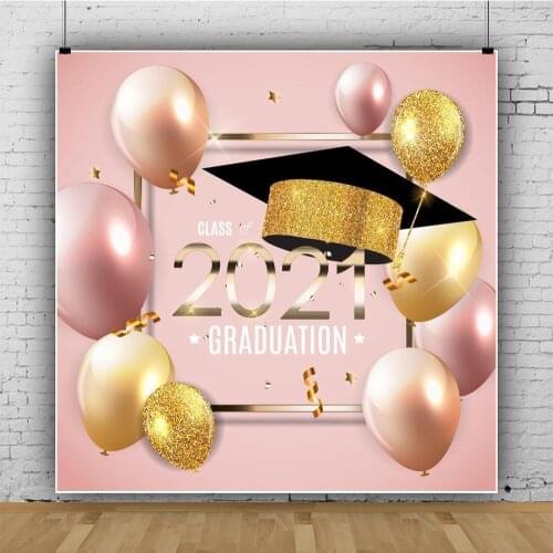 Class Of 2021 Graduation Photography Backdrop Bachelor Hat Gold Ribbon Sequin Balloon Baby Party Background Photo Studio Vinyl