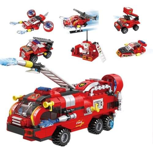 Military series 6 in 1 city fire rescue truck Firemen Action Figures DIY model Building Blocks Toys Gifts