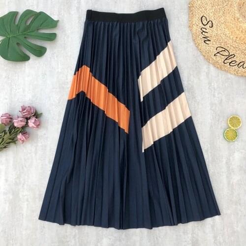 Skirts Womens Pleated Striped Patchwork Long Skirt Autumn Stretched Elastic High Waist Casual Midi Skirts Spodnica