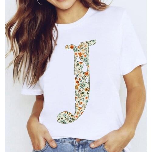 Women T-shirt 26 Letter J Print ladies Tee Tops A To Z Alphabet Short Sleeve Ladies t shirt Casual Korean Style tshirt femme