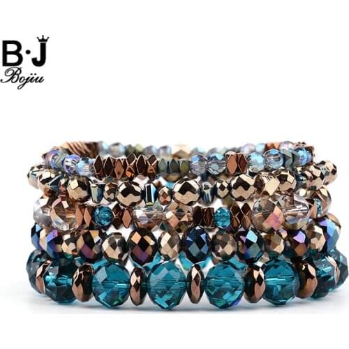 BOJIU 5 Pcs/Set Hot Elastic Crystal Charm Bracelets For Women Trendy Colorful Crystal Hematite Copper Nuggets Bracelet BCSET212