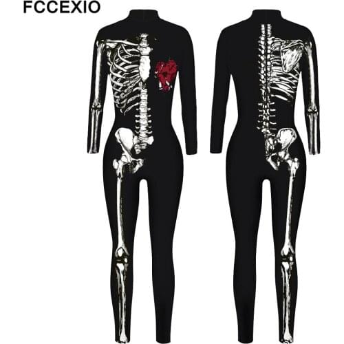 FCCEXIO The Halloween Party White Bone Pattern 3D Print Sexy Bodysuits Women Plus Size Long Sleeve Cosplay New Jumpsuit