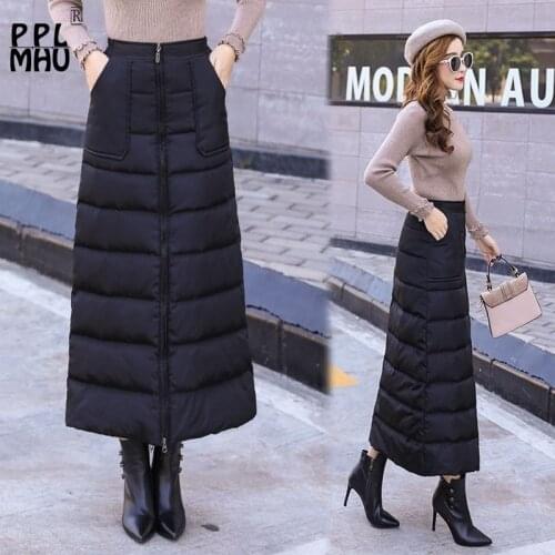 Winter Women Elastic High Waisted Black Down Skirt Thick Warm zipper Slim A word skirt female New Fashion Plus Size 4XL Skirt
