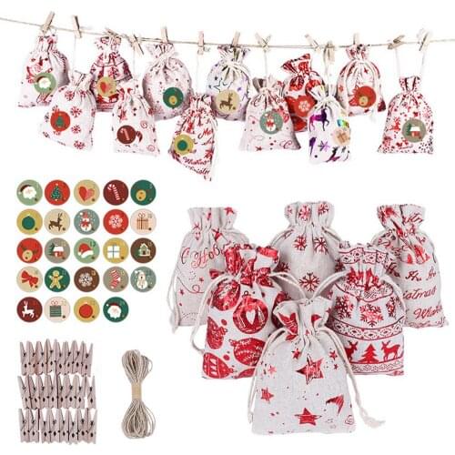 Behogar 24pcs DIY Christmas Sack Drawstring Pouch Bags with 24 Days Calendar Countdown Stickers Tags for Xmas Goodies Party Gift