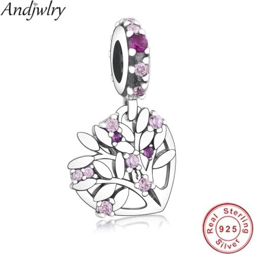 925 Sterling Silver Pink Heart Family Tree Dangle Charm Fit Original Bracelet Charms Pendant Silver 925 DIY Jewelry Berloque