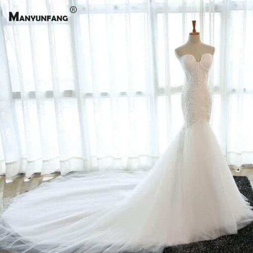 Strapless Cathedral Train Lace Appliques Satin Bridal Gown Elegant Sleeveless Zipper Back Mermaid Wedding Dress Robe De Mariée