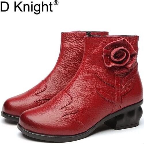 National Style Plus Velvet Warm Womens Short Boots Genuine Leather Retro Mother Winter Shoes Flowers Low High Heels Ankle Boots
