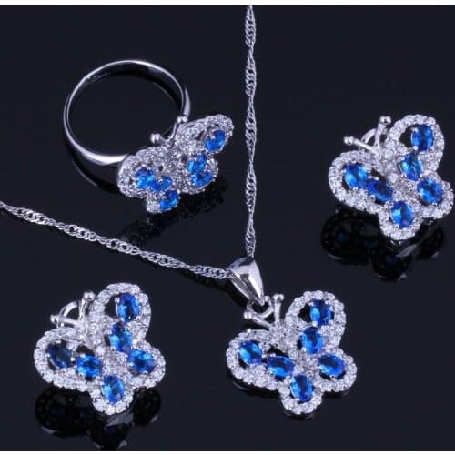 Gleaming Butterfly Blue Cubic Zirconia White CZ Silver Plated Jewelry Sets Earrings Pendant Chain Ring V0997