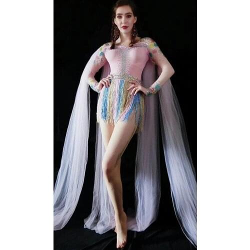 Sparkly Rhinestones Fringes Bodysuit Long Cloak Stage Dance Costume Female Singer Tassel Leotard Rave Festival Clothing DWY3259