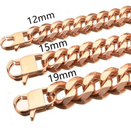 12/15/17/19mm Rose Gold Color Curb Cuban Link Chain For Men Jewelry Stainless Steel 7-40" Necklace Or Bracelet