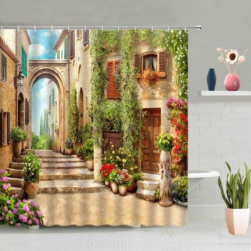 European Street Garden Green Vine Building Fountain Shower Curtain Cartoon Mushroom House Butterfly Flower Pattern With Hook Set