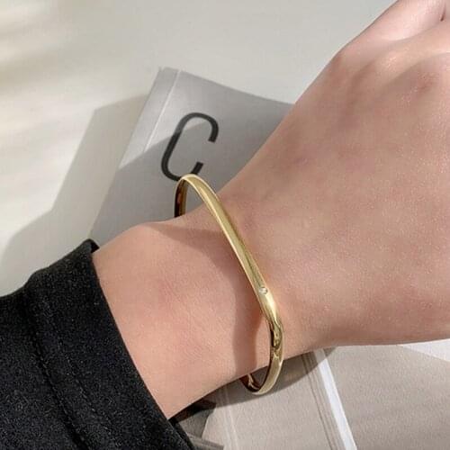 GSOLD Trendy Titanium Steel Smooth Square Bracelet Simple Geometric Micro-set Rhinestone Bangles Women Daily Party Accessories