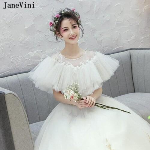 JaneVini Summer White Women Bolero Puffy Tulle Bridal Wraps Appliques Beaded Wedding Shawls Fashion Evening Jacket Cape Mariage