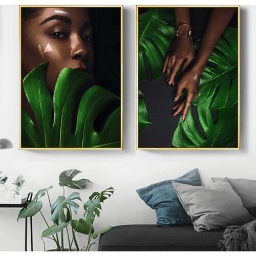 Gold Black Woman Green Leaf Canvas Painting Sexy Fashion Art Poster and Print Wall Picture Modern Home Living Room Decoration