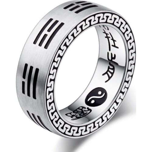 Chinese Style Tai Chi Rings For Women Men Vintage Silver Color Taoist Mantra Round Rings Trendy Jewelry Gift