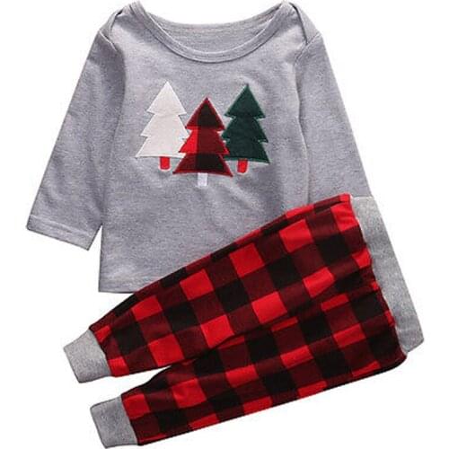 2pcs Kids Baby Boy Girl Christmas Clothes Set Casual Cotton T-shirt+Check Pants Outfits