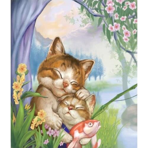 Cat and Son in Fishing Diamond Painting Cartoon Round Full Drill Animal Nouveaute DIY Mosaic Embroidery 5D Cross Stitch Gifts