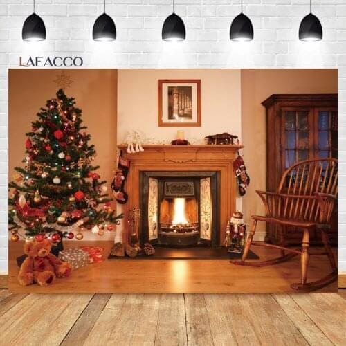 Laeacco Indoor Living Room Christmas Tree Plush Teddy Bear Fireplace Decor Background Customized Portrait Photography Backdrops