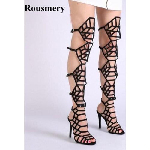 Hot Selling Fashion Women Open Toe Straps Cross Over Knee Gladiator Boots Cut-out Long High Heel Sandal Boots Thin Heel