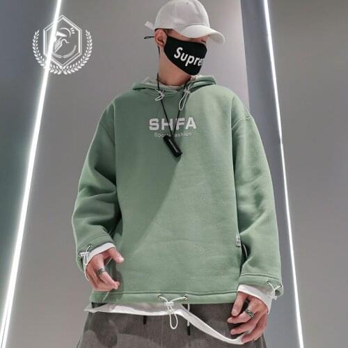 Men Fashion Loose Print Fleece Heavyweight Casual Pullover Hip Hop Sweatshirts with Hooded