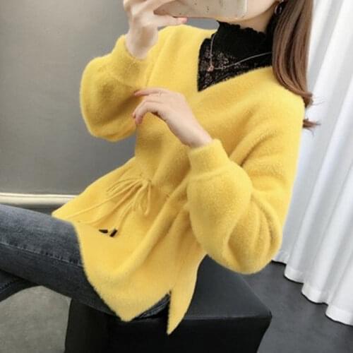 2021 Autumn and Winter Women Thickened Sweater Femlae High Half Collar Loose Pullover Sweater Ladies V-neck Knitted TopsH308