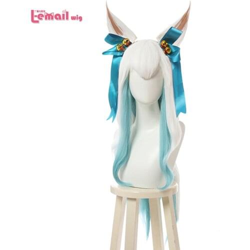 L-email wig Game LoL Ahri Cosplay Wig Spirit Blossom Cosplay Blue Mixed White Long Straight Wig Heat Resistant Synthetic Hair