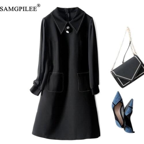 Casual Dresses Women Bright Line Decoration 2021 Autumn Big Pocket Turn Down Collar Knee Length Drape Black Dress Female 4XL