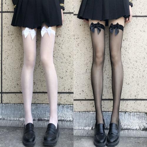 Silk Stockings Bow Women 's Thin Summer Black Stockings Calf Socks White Silk Over-the-Knee Socks Sexy Ultra Slim