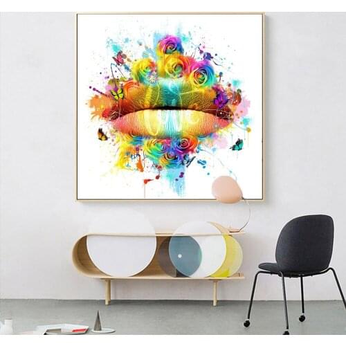 Modern Graffiti Art Canvas Printings Color Flower Lips Posters and Prints Canvas Art Wall Art Picture for Living Room Home Decor