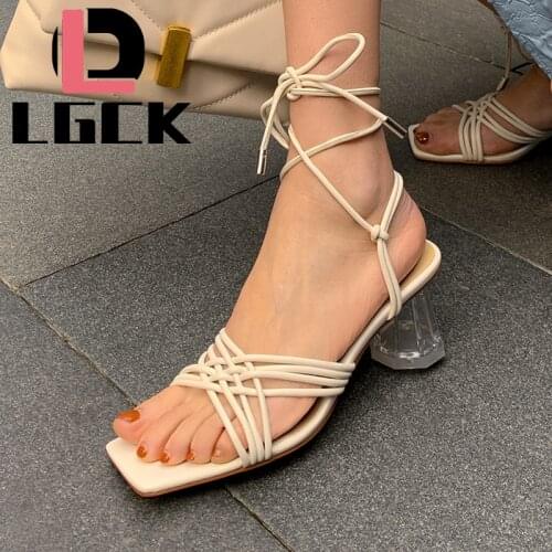 Women Lace-up Heels Chaussures Femme Gladiator Summer High Heels for Transparent Heel Party Wedding Shoes Women Square Heels
