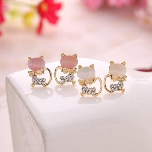 High Quality White Pink Opal 3D Cat Stud Earrings For Women Girls Wedding Engagement Earring Jewelry Accessories Drop Shipping