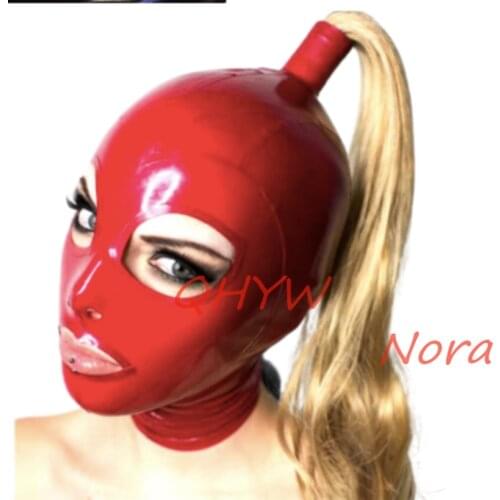 Natural Latex Woman mask hood with wigs open eyes&mouth cosplay costumes fetish cosplay mask Back Zipper Club Wear