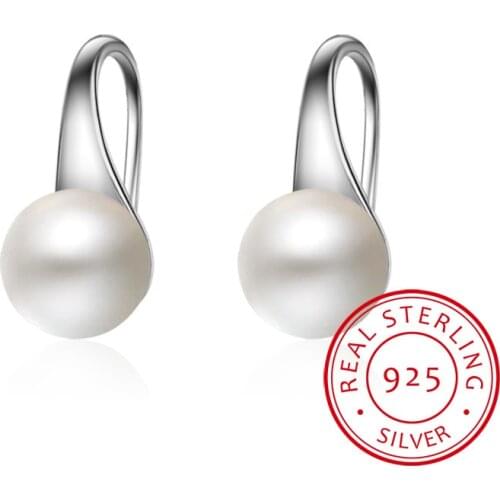 Pure 925 Sterling Silver Earrings Drop Women Round Natural Freshwater Pearl Hook Dangle Earring Ear Drops Brincos de Prata