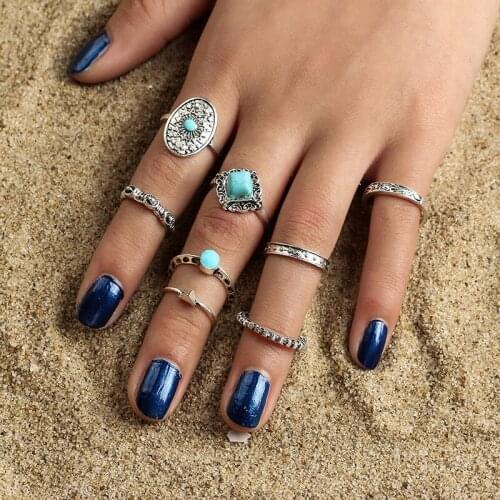 Knock 8pcs/Set Boho Vintage Punk Silver Color Stone Finger Rings For Women Bohemian Ring Set Jewelry