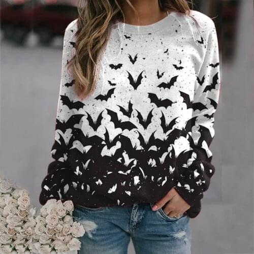 Women Funny Halloween Bat Print Funny T Shirts Round Neck Long Sleeve Loose Pullover Top Tee Shirt Festival Clothes Ropa Mujer