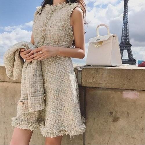 2021 Spring Autumn Womens Shiny Gold Tweed Wool Jacket Sleeveless Dress Twinset Ladies Small Suit Woolen Tassel Dresses 2 Sets
