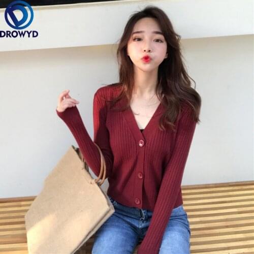 Autumn Women 2021 New Korean Style Burgundy V-neck Knitted Cardigan Autumn Sweater Outerwear Temperament Long Sleeve Short Coat