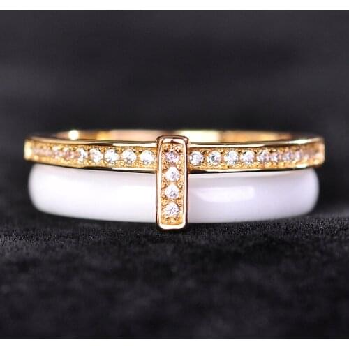 Blucome Fashion Copper Double Rings Zircon Ceramics Jewelry Women Girls Wedding Bridal Party Finger Accessories With Gift Box