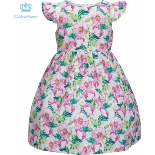 Cindy&Nancy New Summer Girls Cute Purple Floral Printed O-neck Flare Sleeve Bow 1-6yrs Cotton Woven Princess Casual Dresses