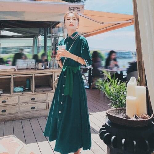 Shirt Dress for Women 2021 Summer Puff Sleeve Lapel Single Breasted Elegant Fashion Korean Blackish Green Long Bandage Dresses