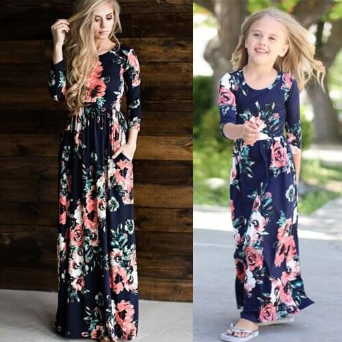 5 Color Mother and Daughter Christmas Dresses Women Girl Gift Family Matching Outfit Flower Print Long Sleeve Sexy Maxi Dress