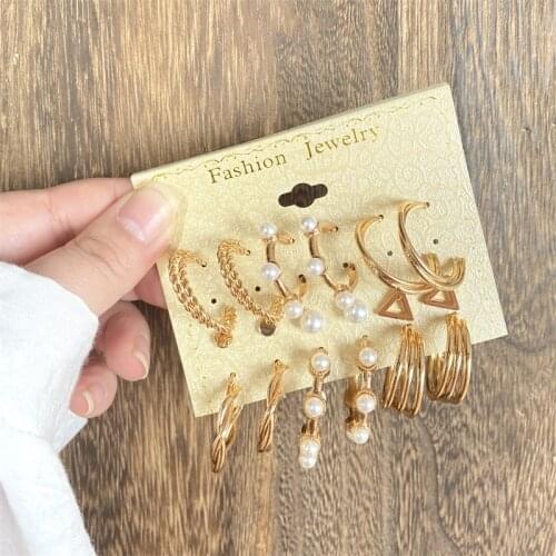 Bohemian 9 Pairs/Set Round Pearl Earrings Set For Women Charms Gold Color Geometric Earrings Brincos Jewelry 2021