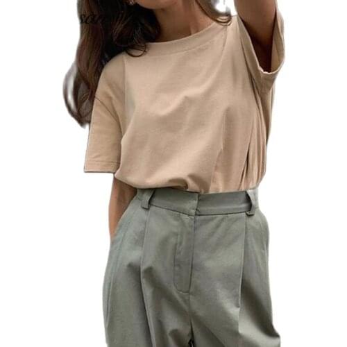 Hirsionsan Basic Cotton T Shirt Women Summer New Oversized Solid Tees 7 Color Casual Loose Tshirt Korean O Neck Female Tops