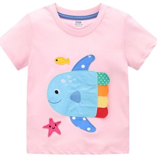 Jumping Meters New Summer Girls T shirts With Fish Applique Cute Animals Embroidery Hot Selling Cotton Baby Clothes Fashion Tops