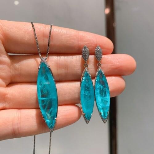 QTT Noble Spirit Tourmaline Gemstone Jewelry Sets Paraiba Long Oval Pendant Necklace Earrings For Women Girl Gift Sets