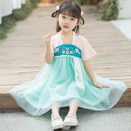 Summer Girls Chinese National Style Princess Dresses Baby Traditional Tang Dynasty Dress Girl Short Sleeve Performance Clothes