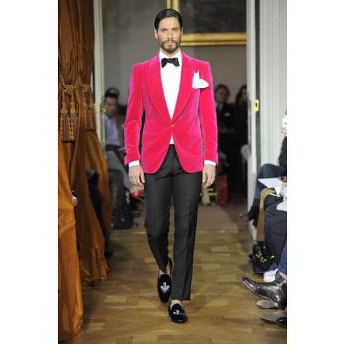Latest Coat Pant Designs Hot Pink Velvet Men Suit Slim Fit 2 Piece Blazer Custom Groom Suits Prom Party Tuxedo Terno Masculino