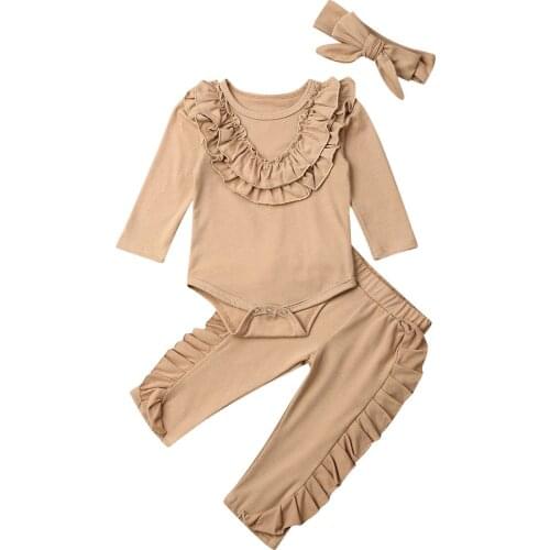 Newborn Baby Girl Clothes Ruffle Romper Tops+Long Pants Headband Outfits Kids Girls Infant Toddler Clothing Set for 0-24M