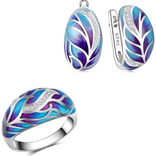 OGULEE Luxury Silver 925 Jewelry Sets Big Fashion Blue Blooming Feather Handmade Enamel Stud Earring Ring Wedding Bridal Jewelry