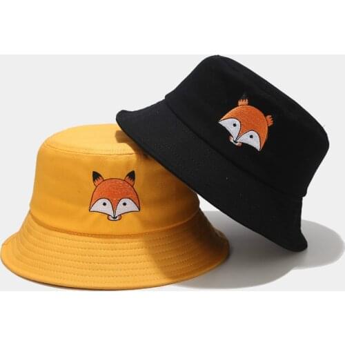 Cotton Cute Cartoon Fox Embroidery Panama Bucket Hat Men Women Hip Hop Fishing Cap Adult Panama Bob Hat Summer Lovers Flat Hat